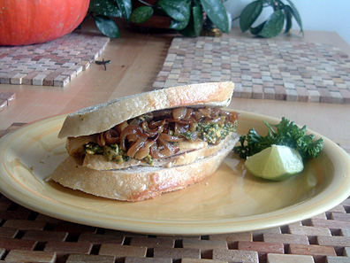 Turkey Sandwich with Charmoula Mayo and Carmelized Onions